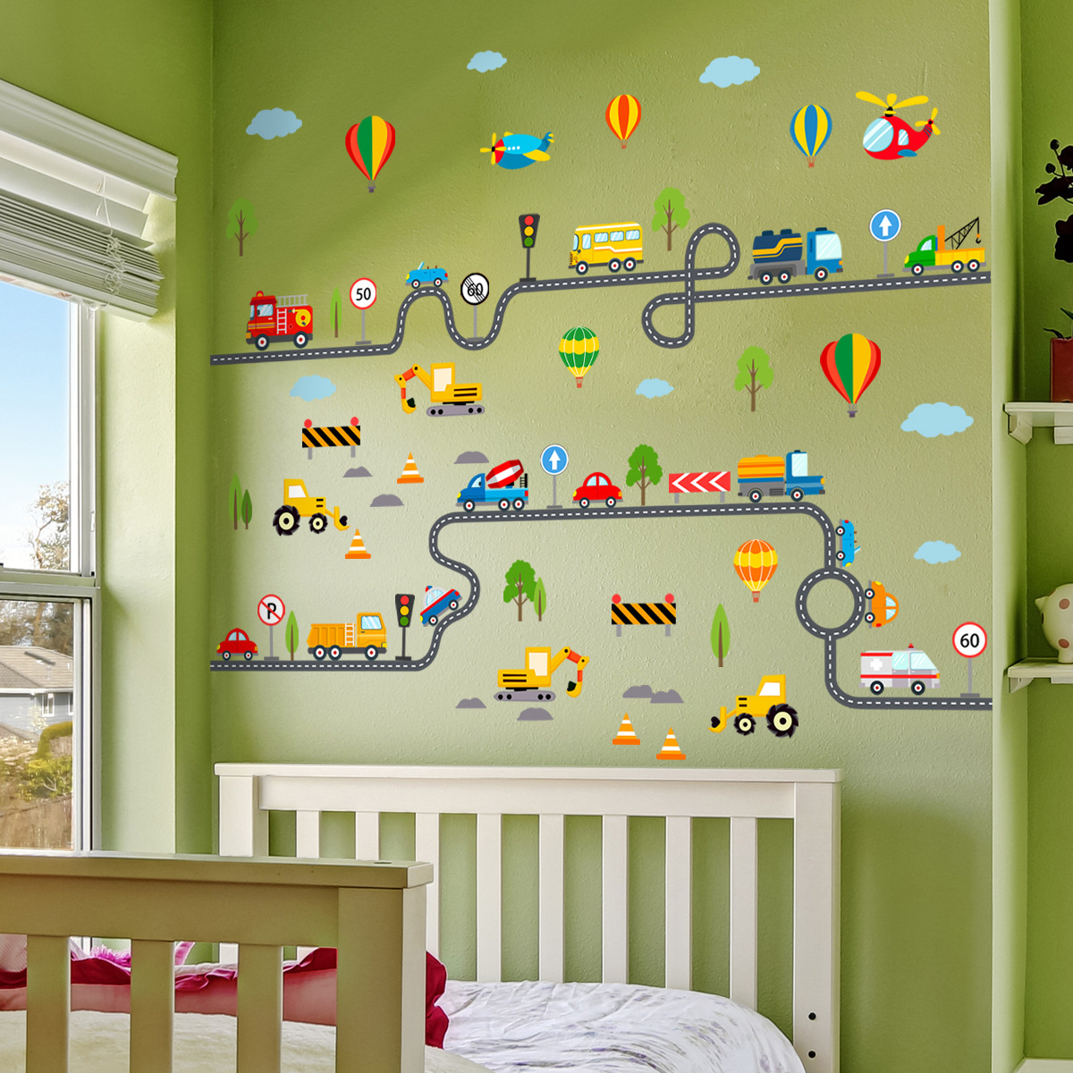 muursticker auto weg kinderkamer voertuigen zelfklevend 121x91cm