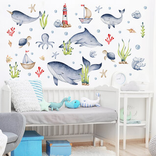 Muursticker zee dieren kinderkamer 156x134 cm