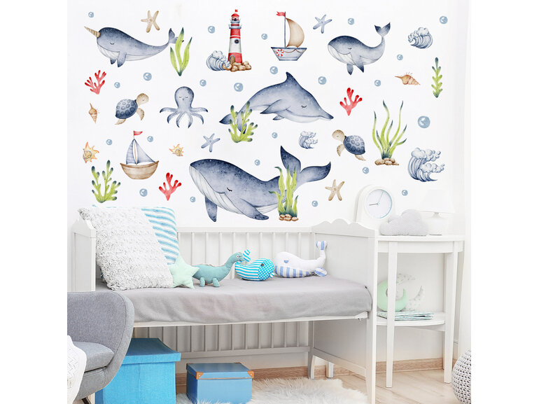Muursticker zee dieren walvis oceaan kinderkamer zelfklevend 156x134cm