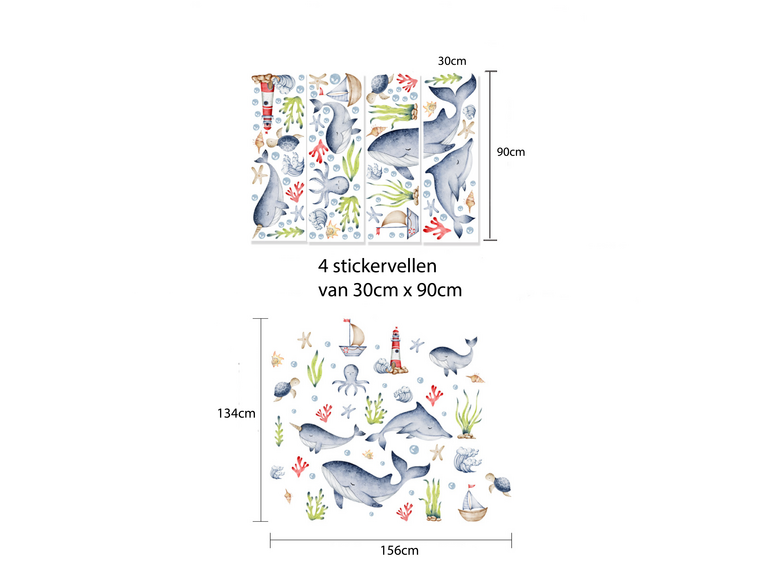 Muursticker zee dieren walvis oceaan kinderkamer zelfklevend 156x134cm