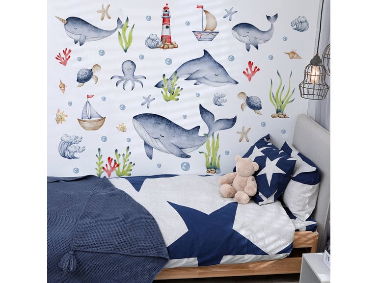 Muursticker zee dieren walvis oceaan kinderkamer zelfklevend 156x134cm