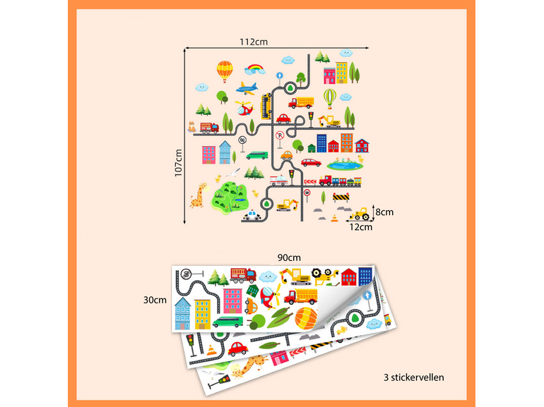 Muursticker auto weg voertuigen stad dieren kinderkamer 112x107cm