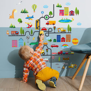 Muursticker auto weg stad kinderkamer 112x107 cm