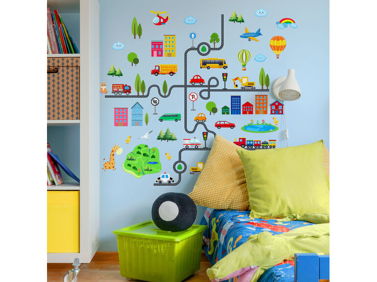 Muursticker auto weg voertuigen stad dieren kinderkamer 112x107cm