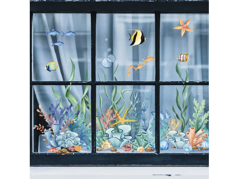 Raamsticker zee koraal vissen statisch zonder lijm dubbelzijdig 60x30cm