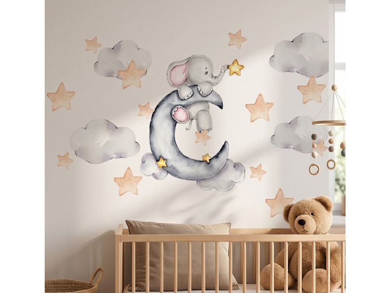 Muursticker dromende olifant op de maan met  sterren – Sprookjesachtige Babykamer Decoratie