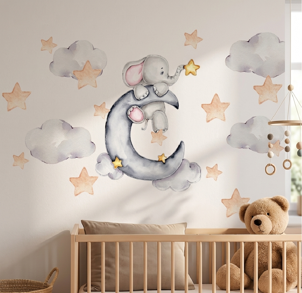 Muursticker dromende olifant op de maan met  sterren – Sprookjesachtige Babykamer Decoratie