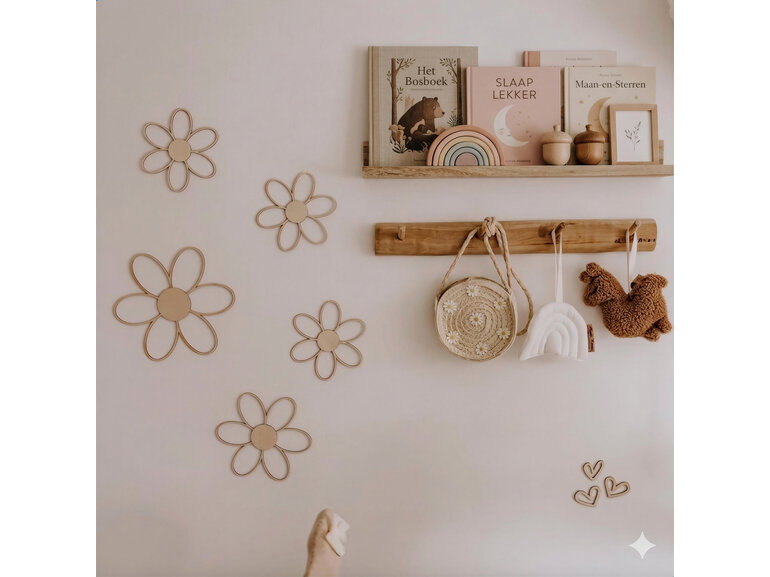 Houten madeliefjes wanddecoratie van berkenhout – set van 5 stuks in 3 maten (25 cm, 20 cm en 15 cm) – kinderkamer decoratie, babykamer muurdecoratie, boho wanddeco