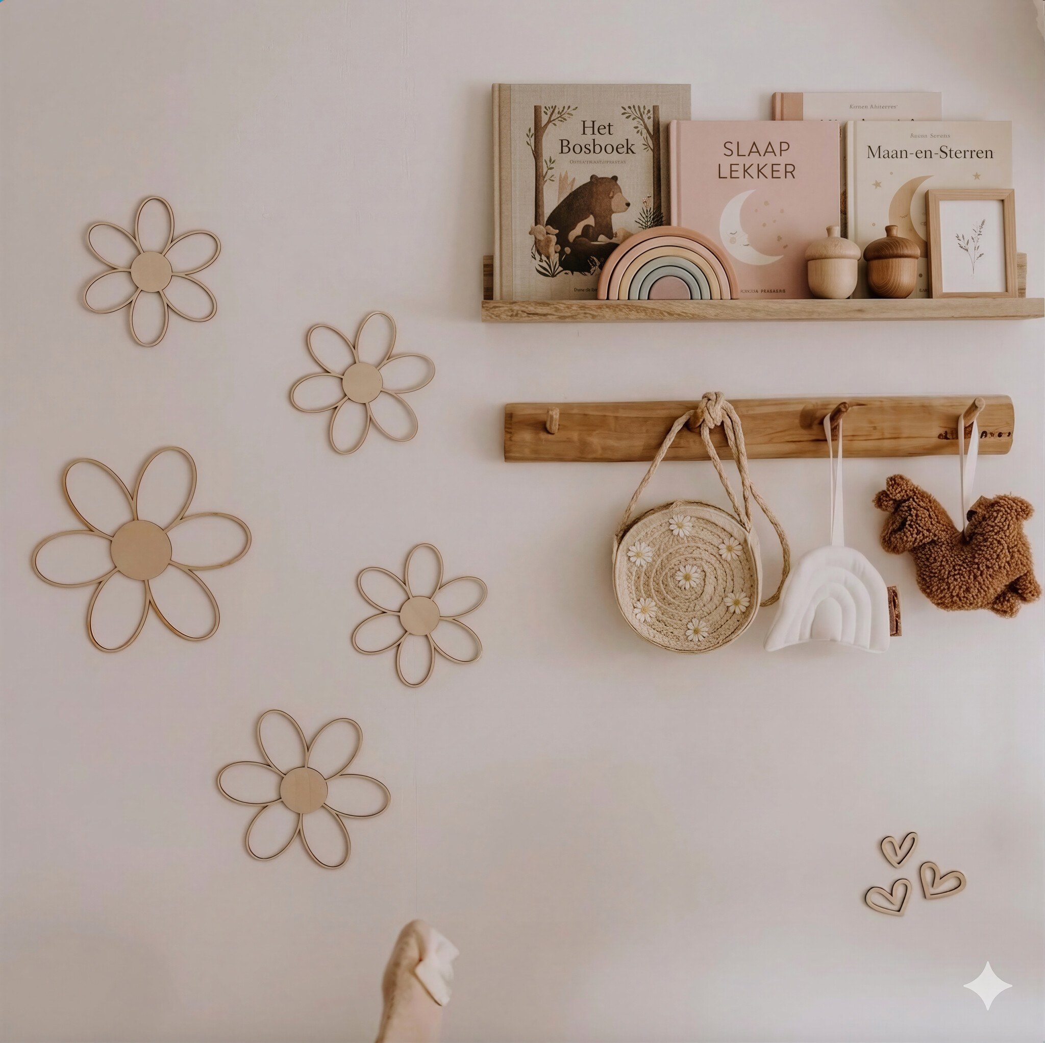 Houten madeliefjes wanddecoratie van berkenhout – set van 5 stuks in 3 maten (25 cm, 20 cm en 15 cm) – kinderkamer decoratie, babykamer muurdecoratie, boho wanddeco