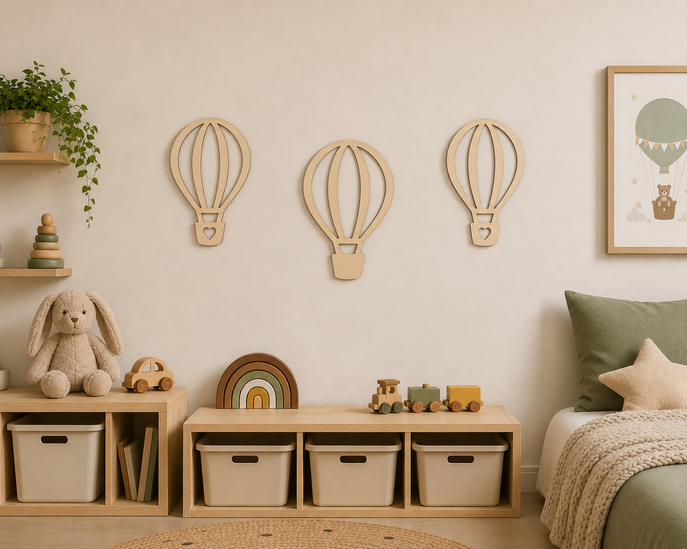 Houten Luchtballonnen Wanddecoratie Set - 3 Stuks voor Kinderkamer