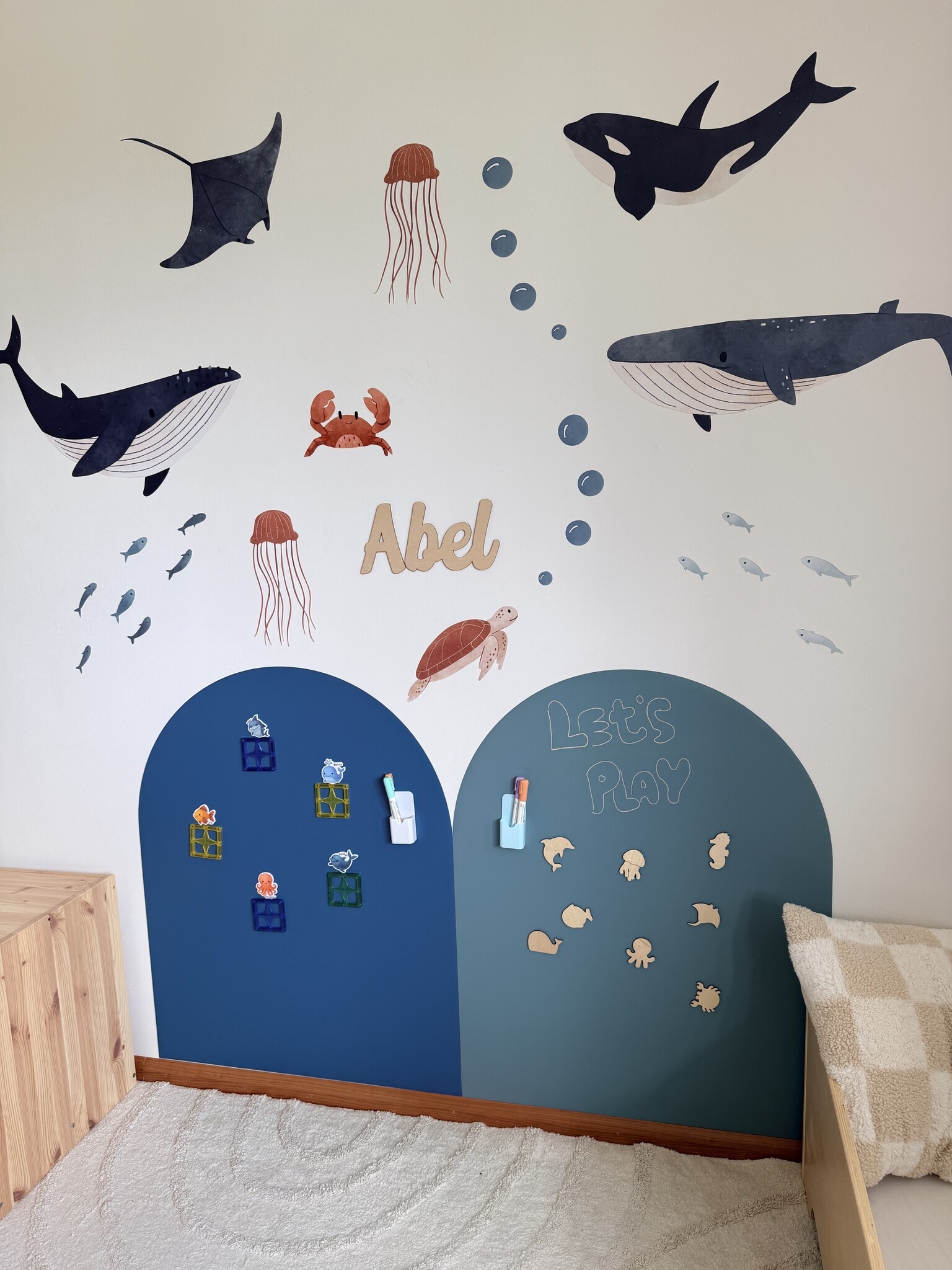 Complete oceaan kinderkamer bundel met magneetstickers, muurstickers en gepersonaliseerd houten naambord