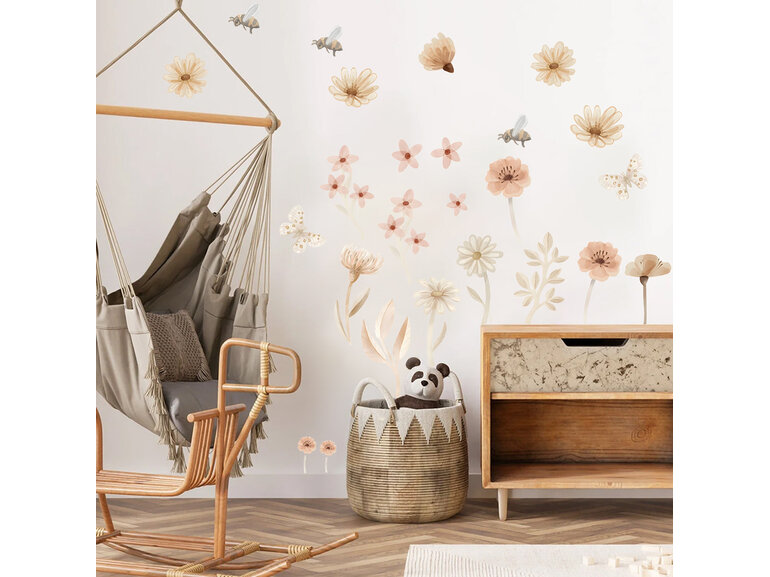 Boho Aquarel Bloemen en vlinders Muurstickers – Sfeervolle Wanddecoratie voor een Warme kinderkamer