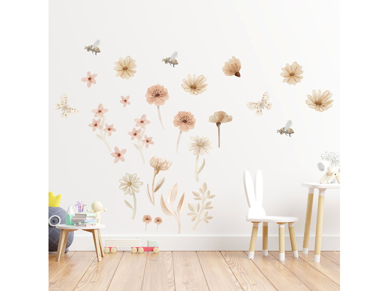 Boho Aquarel Bloemen en vlinders Muurstickers – Sfeervolle Wanddecoratie voor een Warme kinderkamer