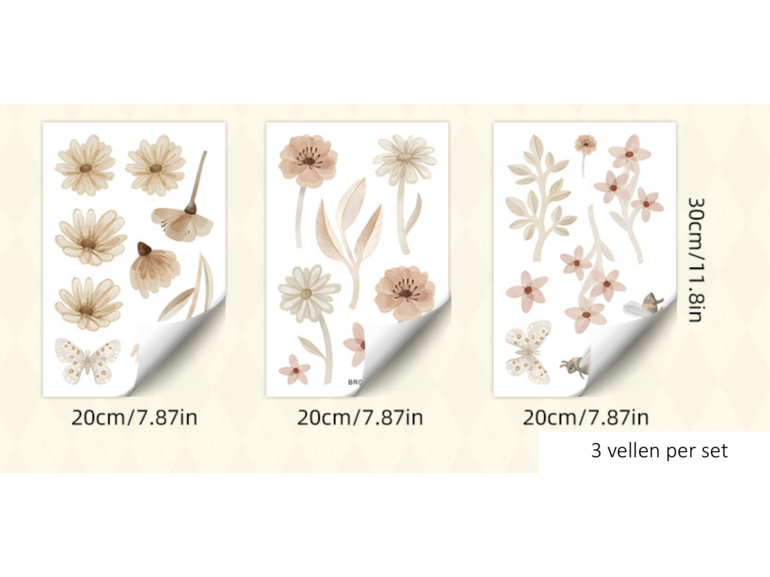 Boho Aquarel Bloemen en vlinders Muurstickers – Sfeervolle Wanddecoratie voor een Warme kinderkamer