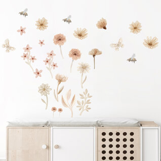 Boho Aquarel Bloemen en vlinders Muurstickers – Sfeervolle Wanddecoratie voor een Warme kinderkamer