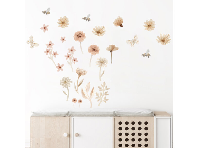 Boho Aquarel Bloemen en vlinders Muurstickers – Sfeervolle Wanddecoratie voor een Warme kinderkamer