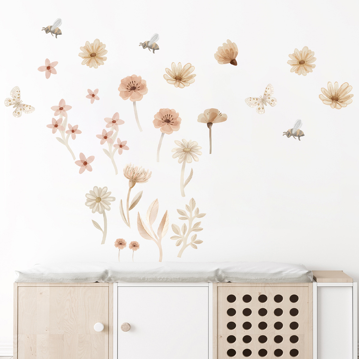 Boho Aquarel Bloemen en vlinders Muurstickers – Sfeervolle Wanddecoratie voor een Warme kinderkamer