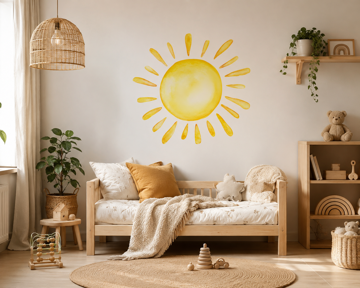 Muursticker zon voor baby- en kinderkamer – zelfklevend en verwijderbaar