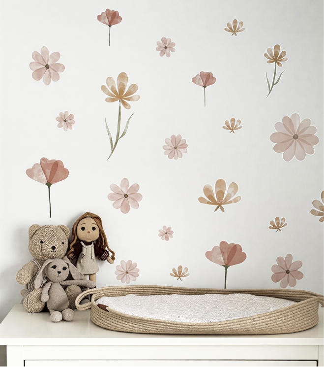 Boho Aquarel Bloemen Muurstickers – Sfeervolle Wanddecoratie voor een Warme kinderkamer
