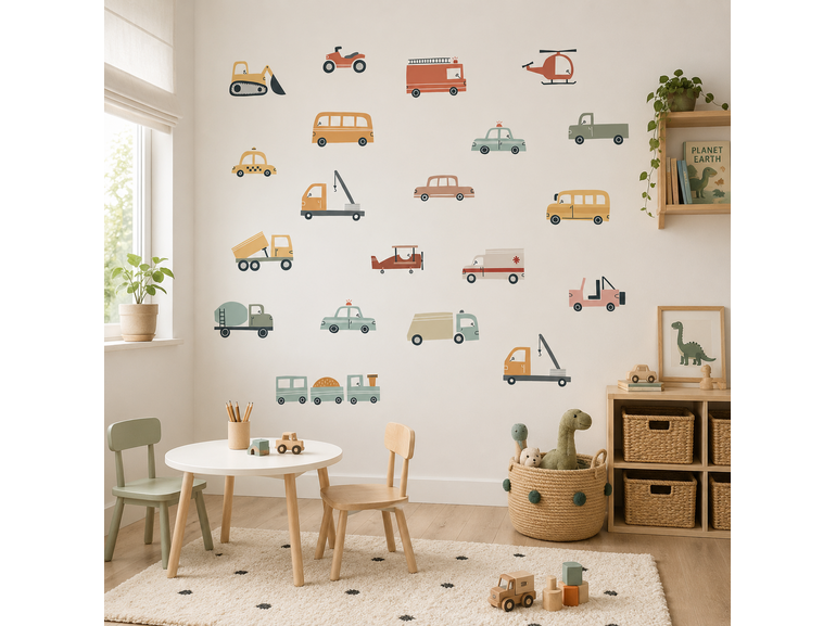Muursticker Voertuigen in Neutrale Kleuren voor Kinderkamer – Speelse Auto's, Treinen en Vliegtuigen Muursticker Voertuigen in Neutrale Kleuren voor Kinderkamer – Speelse Auto's, Treinen en Vliegtuigen
