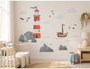 Muursticker zee kinderkamer met vuurtoren, zeilboot en meeuwen – watercolor zee thema Stickerkamer Muursticker zee kinderkamer met vuurtoren, zeilboot en meeuwen – watercolor zee thema
