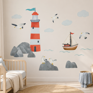Stickerkamer Muursticker zee kinderkamer met vuurtoren, zeilboot en meeuwen – watercolor zee thema Muursticker zee kinderkamer met vuurtoren, zeilboot en meeuwen – watercolor zee thema