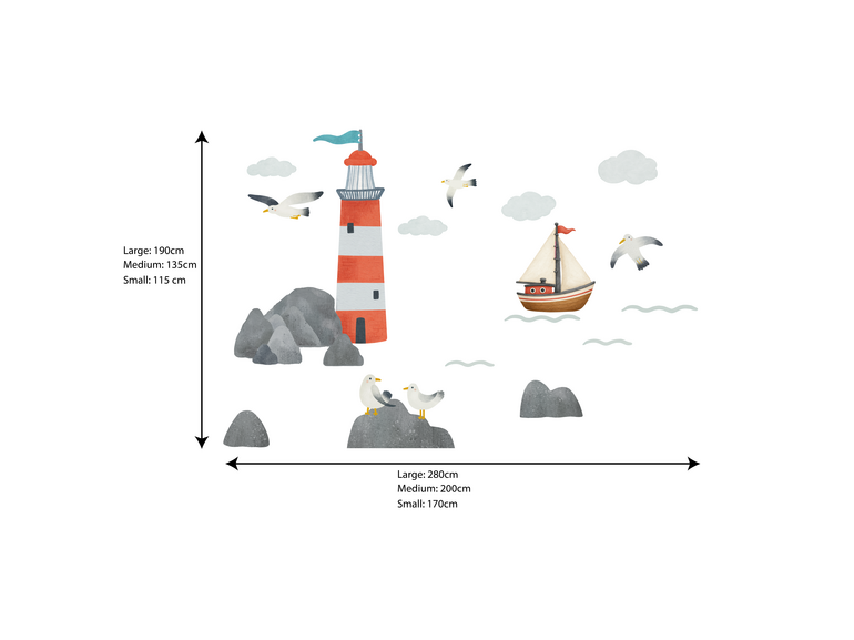 Muursticker zee kinderkamer met vuurtoren, zeilboot en meeuwen – watercolor zee thema Stickerkamer Muursticker zee kinderkamer met vuurtoren, zeilboot en meeuwen – watercolor zee thema