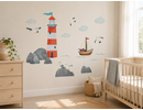 Muursticker zee kinderkamer met vuurtoren, zeilboot en meeuwen – watercolor zee thema Stickerkamer Muursticker zee kinderkamer met vuurtoren, zeilboot en meeuwen – watercolor zee thema