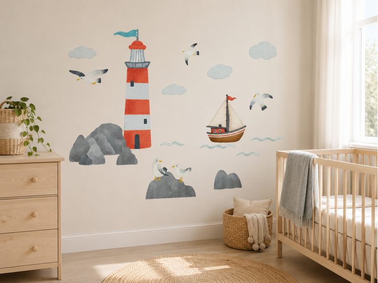 Muursticker zee kinderkamer met vuurtoren, zeilboot en meeuwen – watercolor zee thema Stickerkamer Muursticker zee kinderkamer met vuurtoren, zeilboot en meeuwen – watercolor zee thema