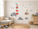 Muursticker zee kinderkamer met vuurtoren, zeilboot en meeuwen – watercolor zee thema Stickerkamer Muursticker zee kinderkamer met vuurtoren, zeilboot en meeuwen – watercolor zee thema