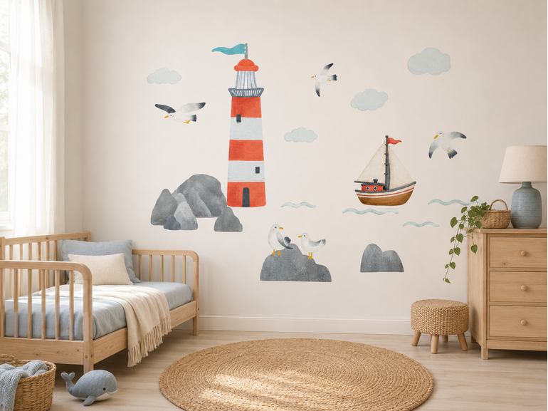 Muursticker zee kinderkamer met vuurtoren, zeilboot en meeuwen – watercolor zee thema Stickerkamer Muursticker zee kinderkamer met vuurtoren, zeilboot en meeuwen – watercolor zee thema