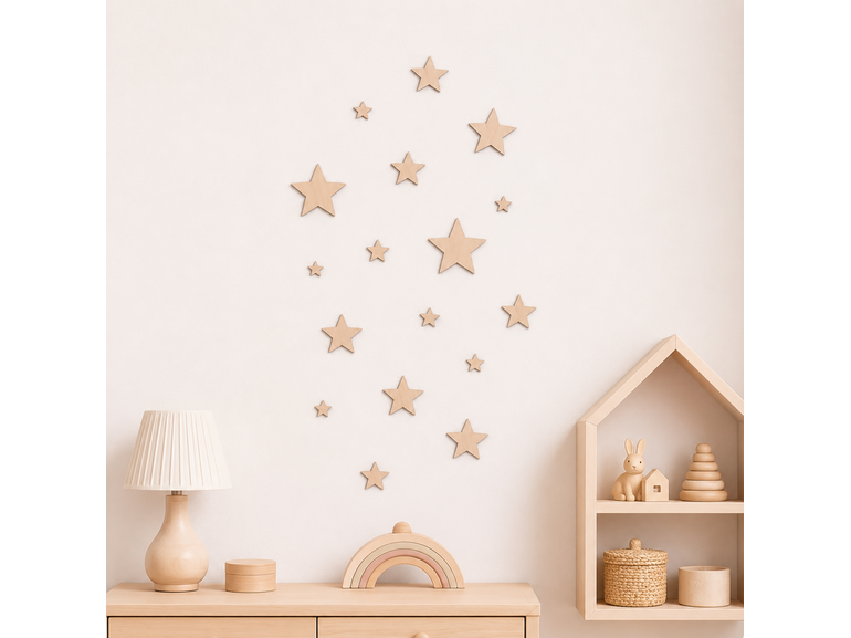 Houten sterren muurdecoratie kinderkamer – set van 16