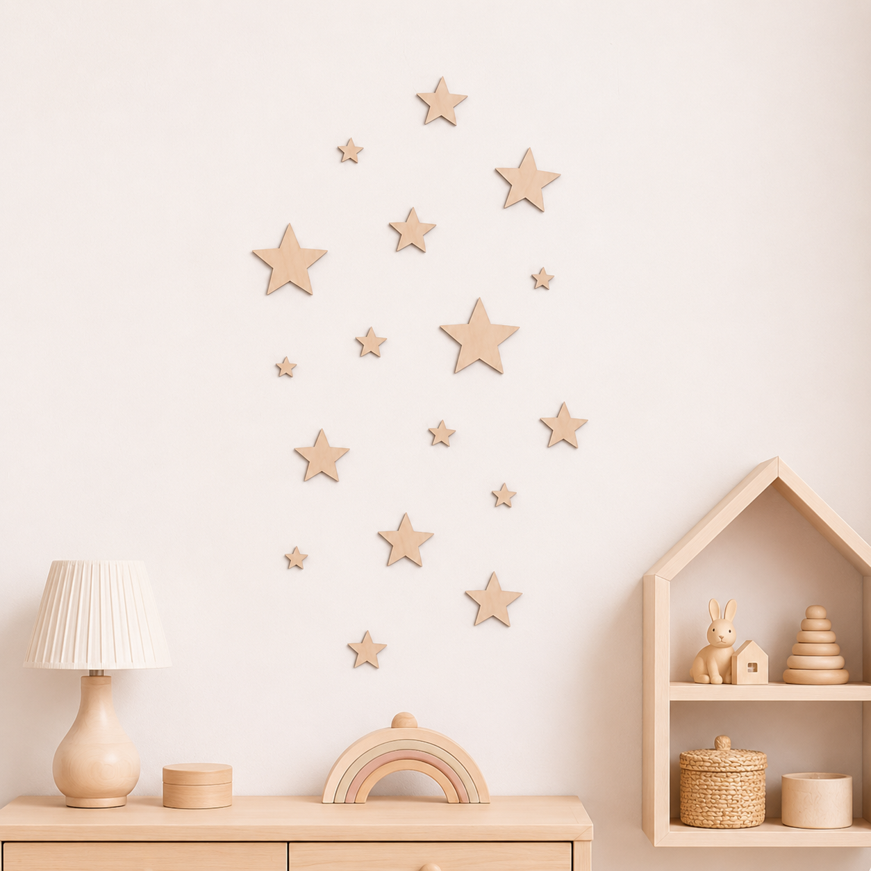 Houten sterren muurdecoratie kinderkamer – set van 16