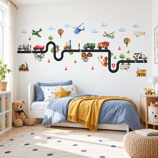 Muursticker voertuigen met weg – kinderkamer Muursticker voertuigen met weg – kinderkamer