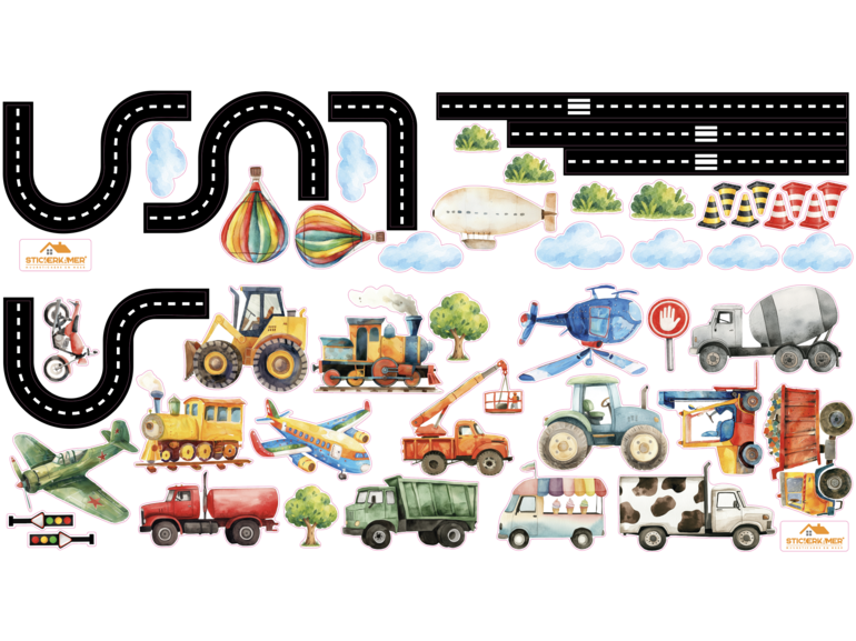 Grote muursticker voertuigen met weg – auto's, vliegtuigen, treinen & werkvoertuigen Grote muursticker voertuigen met weg – auto's, vliegtuigen, treinen & werkvoertuigen