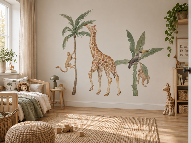 Muursticker jungle kinderkamer safari thema - apen - giraffe - toekan Muursticker jungle kinderkamer safari thema - apen - giraffe - toekan