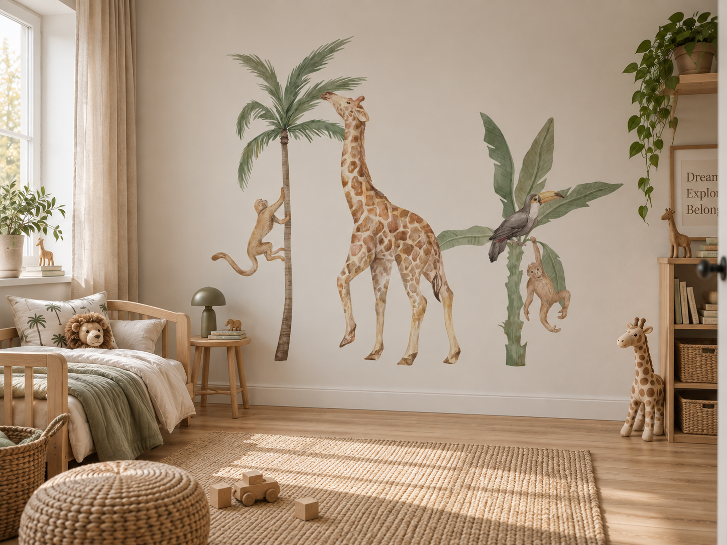 Muursticker jungle kinderkamer safari thema - apen - giraffe - toekan
