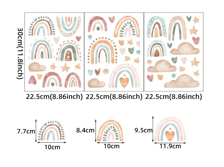 Boho Regenboog Muurstickers met Hartjes, Sterren en Wolkjes voor de Kinderkamer