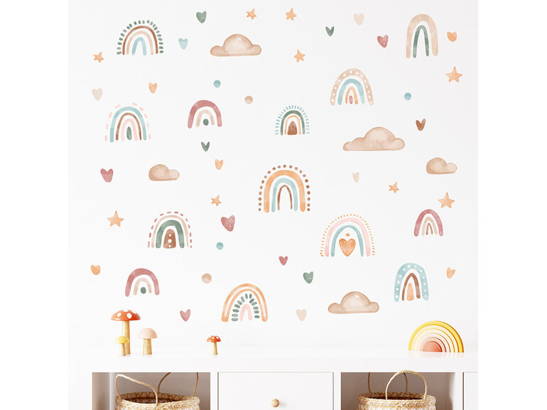 Boho Regenboog Muurstickers met Hartjes, Sterren en Wolkjes voor de Kinderkamer