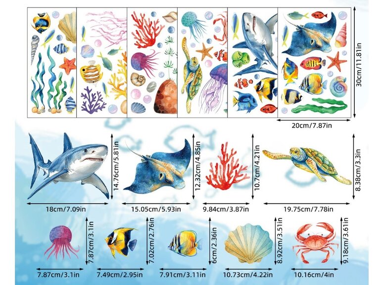 Statische raamstickers oceaan en onderwaterwereld – 96 losse stickers op 6 vellen Statische raamstickers oceaan en onderwaterwereld – 96 losse stickers op 6 vellen