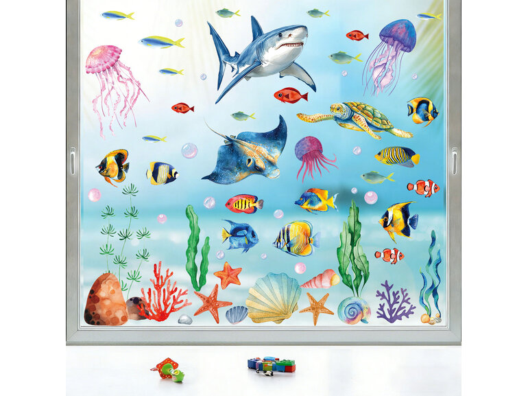 Statische raamstickers oceaan en onderwaterwereld – 96 losse stickers op 6 vellen Statische raamstickers oceaan en onderwaterwereld – 96 losse stickers op 6 vellen