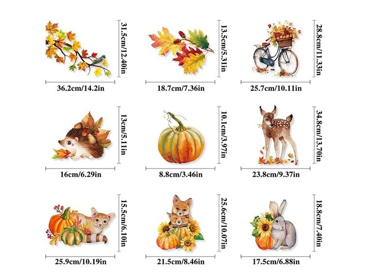 Statische herfst raamstickers complete set – 9 vellen met dieren, bladeren en pompoenen Statische herfst raamstickers complete set – 9 vellen met dieren, bladeren en pompoenen