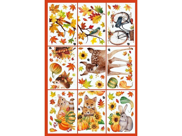 Statische herfst raamstickers complete set – 9 vellen met dieren, bladeren en pompoenen Statische herfst raamstickers complete set – 9 vellen met dieren, bladeren en pompoenen