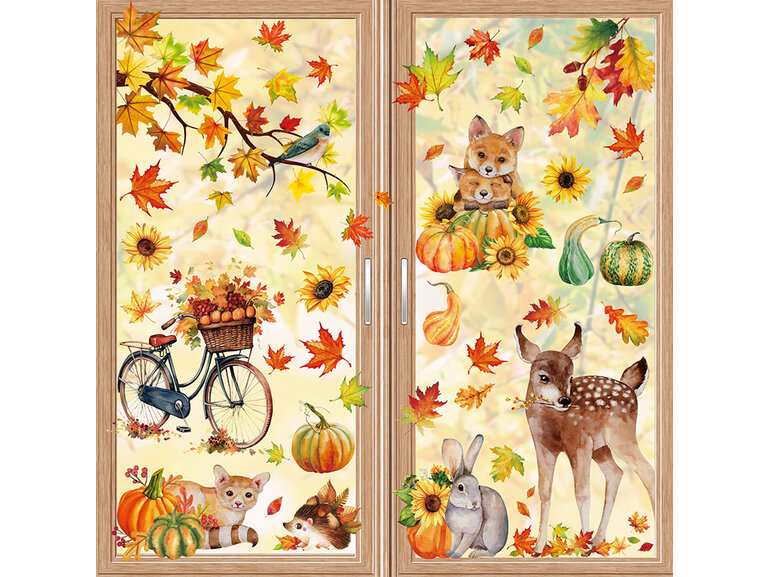 Statische herfst raamstickers complete set – 9 vellen met dieren, bladeren en pompoenen Statische herfst raamstickers complete set – 9 vellen met dieren, bladeren en pompoenen