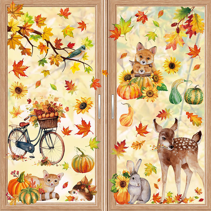 Statische herfst raamstickers complete set – 9 vellen met dieren, bladeren en pompoenen