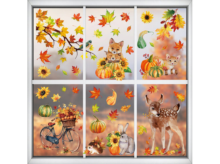 Statische herfst raamstickers complete set – 9 vellen met dieren, bladeren en pompoenen Statische herfst raamstickers complete set – 9 vellen met dieren, bladeren en pompoenen