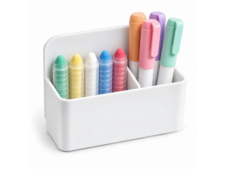 Magnetisch pennenbakje wit met 2 vakken – voor pennen, stiften en krijtjes Stickerkamer Magnetisch pennenbakje wit met 2 vakken – voor pennen, stiften en krijtjes