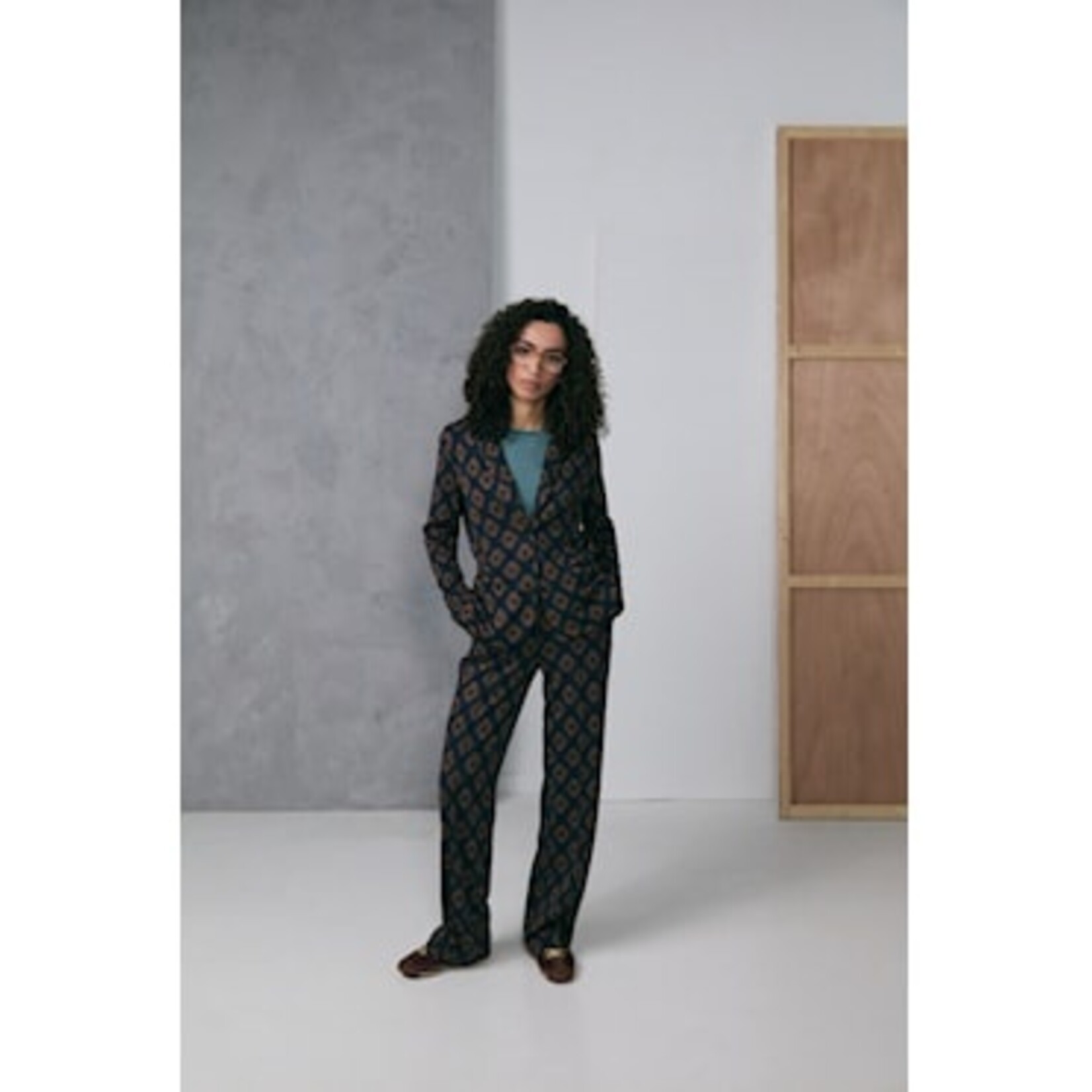 ZILCH Pantalon CVP60.030 zwart/groen ikat dessin.