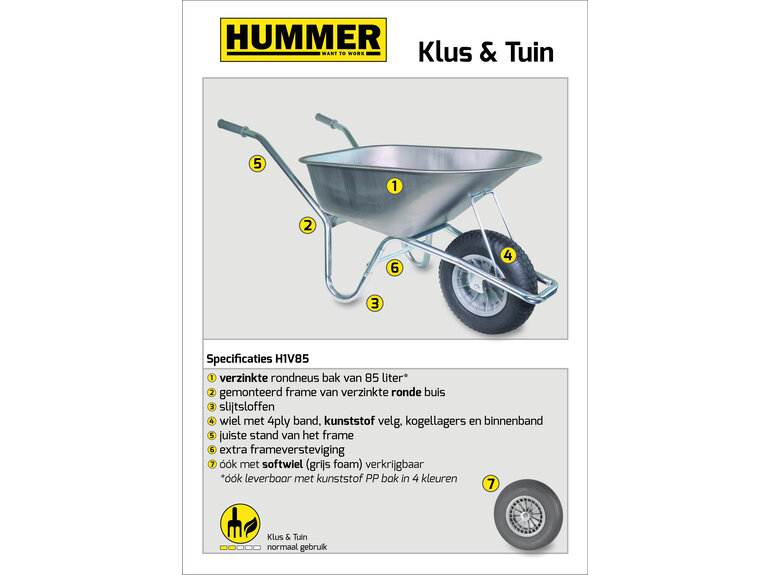 Hummer Klus/tuinkruiwagen verzinkt frame 85 L verzinkte bak met softwiel DOOSVERPAKKING