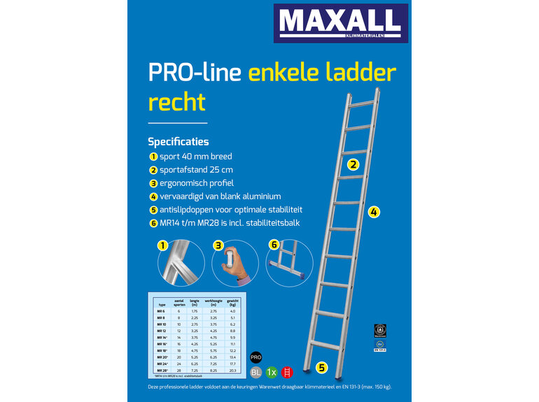 Maxall Enkele ladder met rechte bomen (6 t/m 28 sporten)